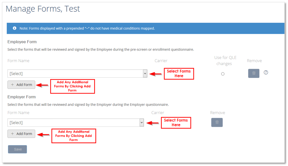 Screenshot showing the Manage Forms page