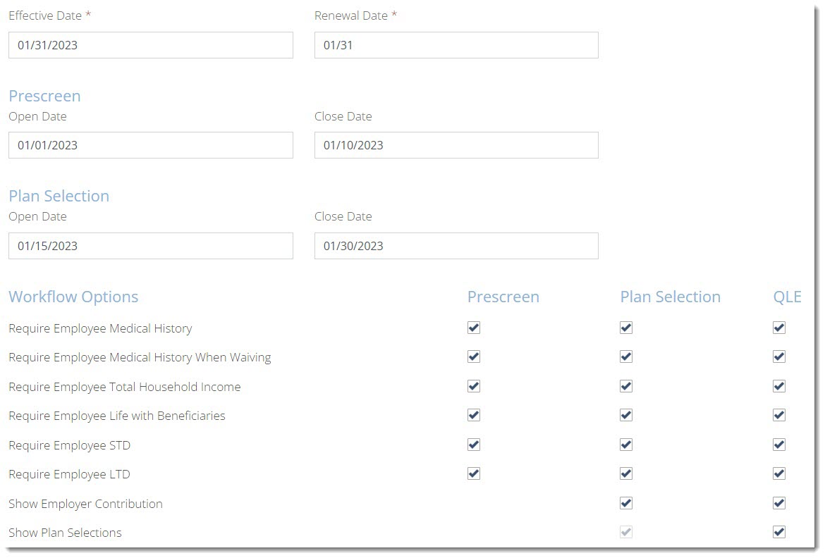 Screenshot showing the Workflow Dates and Options sections