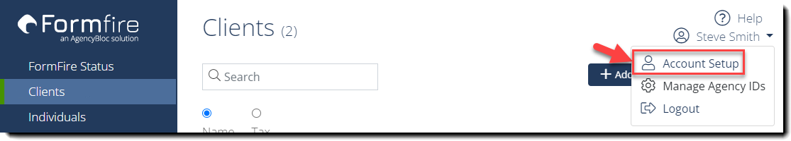Screenshot showing how to access account setup