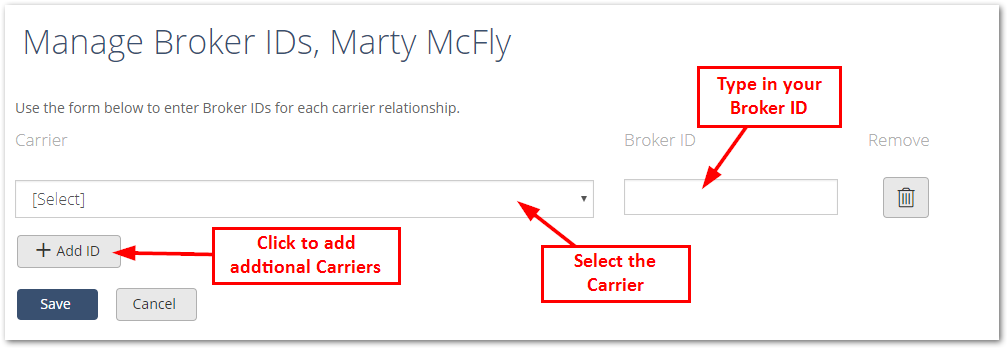 Screenshot showing the Manage Broker IDs page