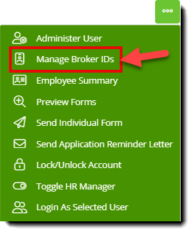 Screenshot highlighting the Manage Broker IDs option in a context menu in the Employee List