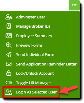Screenshot highlighting the Login as Selected User option in a context menu in the Employee List