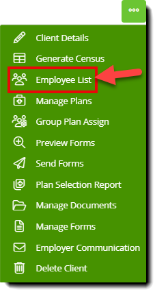 Screenshot highlighting the Employee List option in a context menu on the Client Dashboard