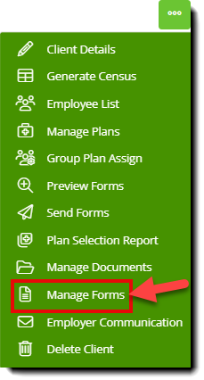 Screenshot highlighting the Manage Forms option in a context menu on the Client Dashboard