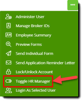 Screenshot highlighting the Toggle HR Manager option in a context menu in the Employee List