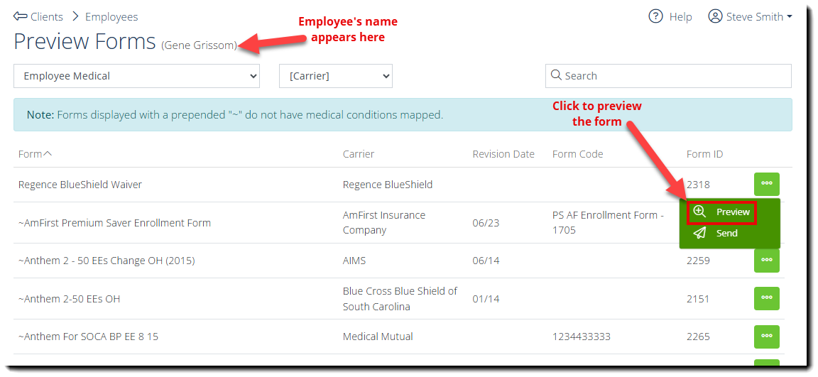 Screenshot showing how to preview a form on the Preview Forms page