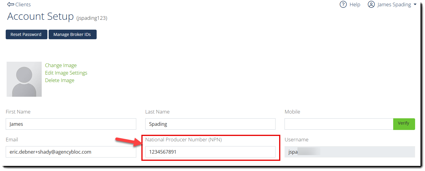 Screenshot highlighting the National Producer Number field on the Account Setup page
