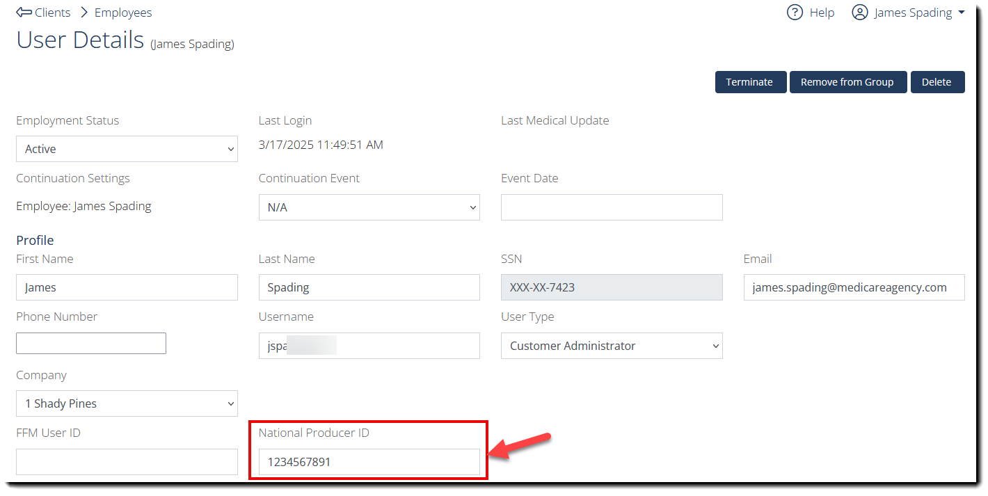 Screenshot showing the National Producer ID field, accessible using the Administer User option from the Employee List