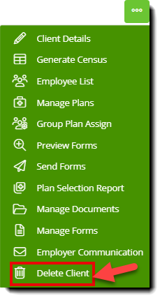 Screenshot highlighting the Delete Client option in a context menu on the Client Dashboard