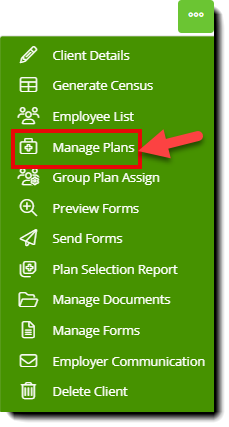 Screenshot highlighting the Manage Plans option in a context menu on the Client Dashboard