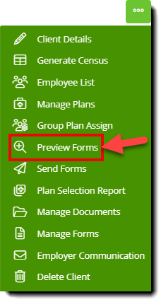 Screenshot highlighting the Preview Forms option in a context menu on the Client Dashboard