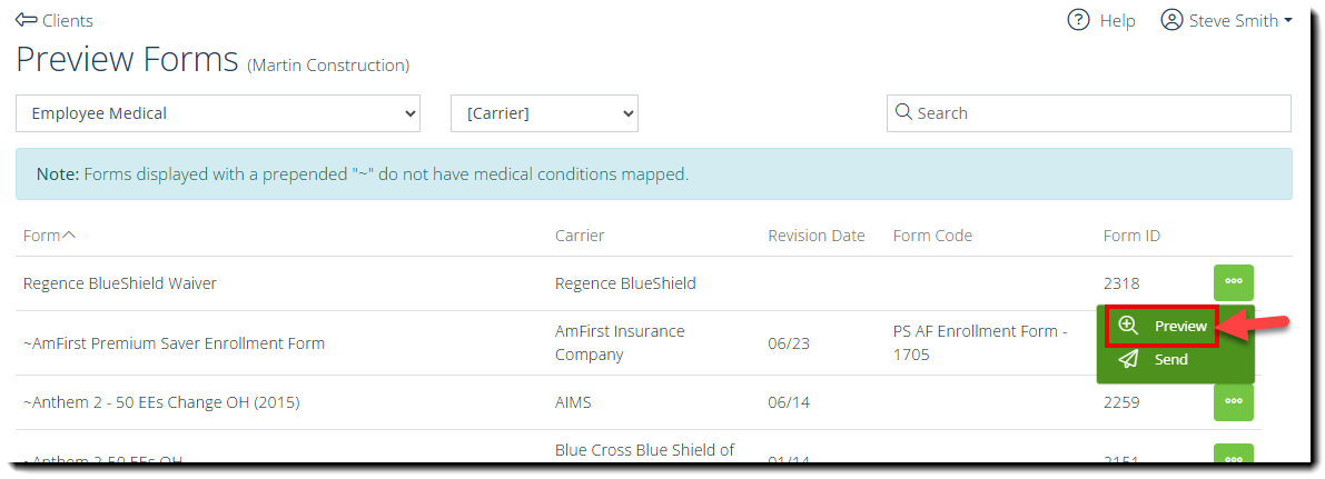 Screenshot highlighting the Preview option in a context menu on the Preview Forms page