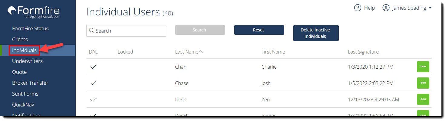 Screenshot showing the Individual Users list