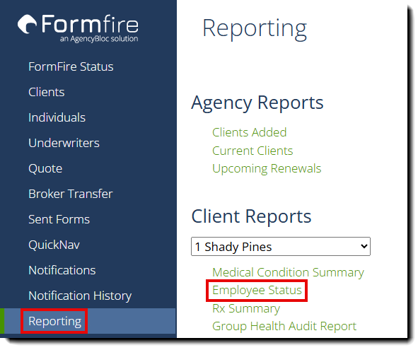Screenshot highlighting the Employee Status report on the Reporting page