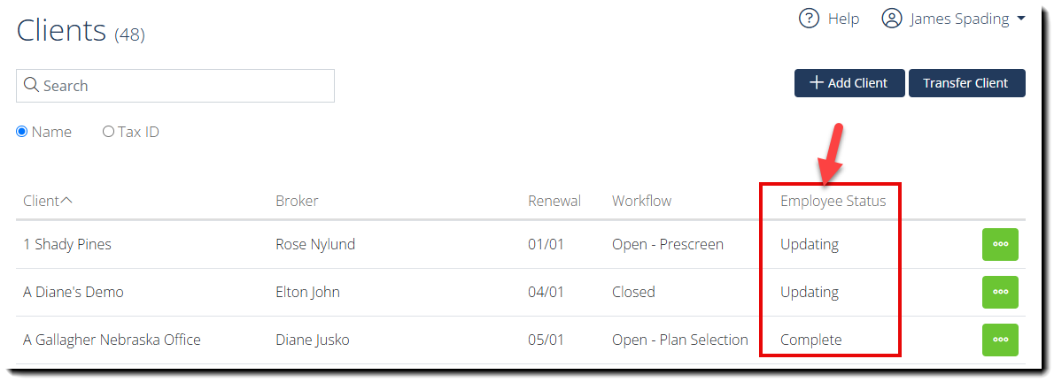 Screenshot highlighting the Employee Status column on the Client Dashboard