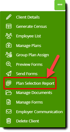 Screenshot highlighting the Plan Selection Report option in a context menu on the Client Dashboard