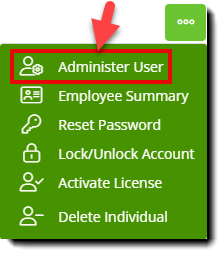 Screenshot showing the Adminster User option in a context menu in the Individual Users list