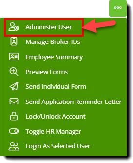 Screenshot highlighting the Administer User option in a context menu in the Employee List