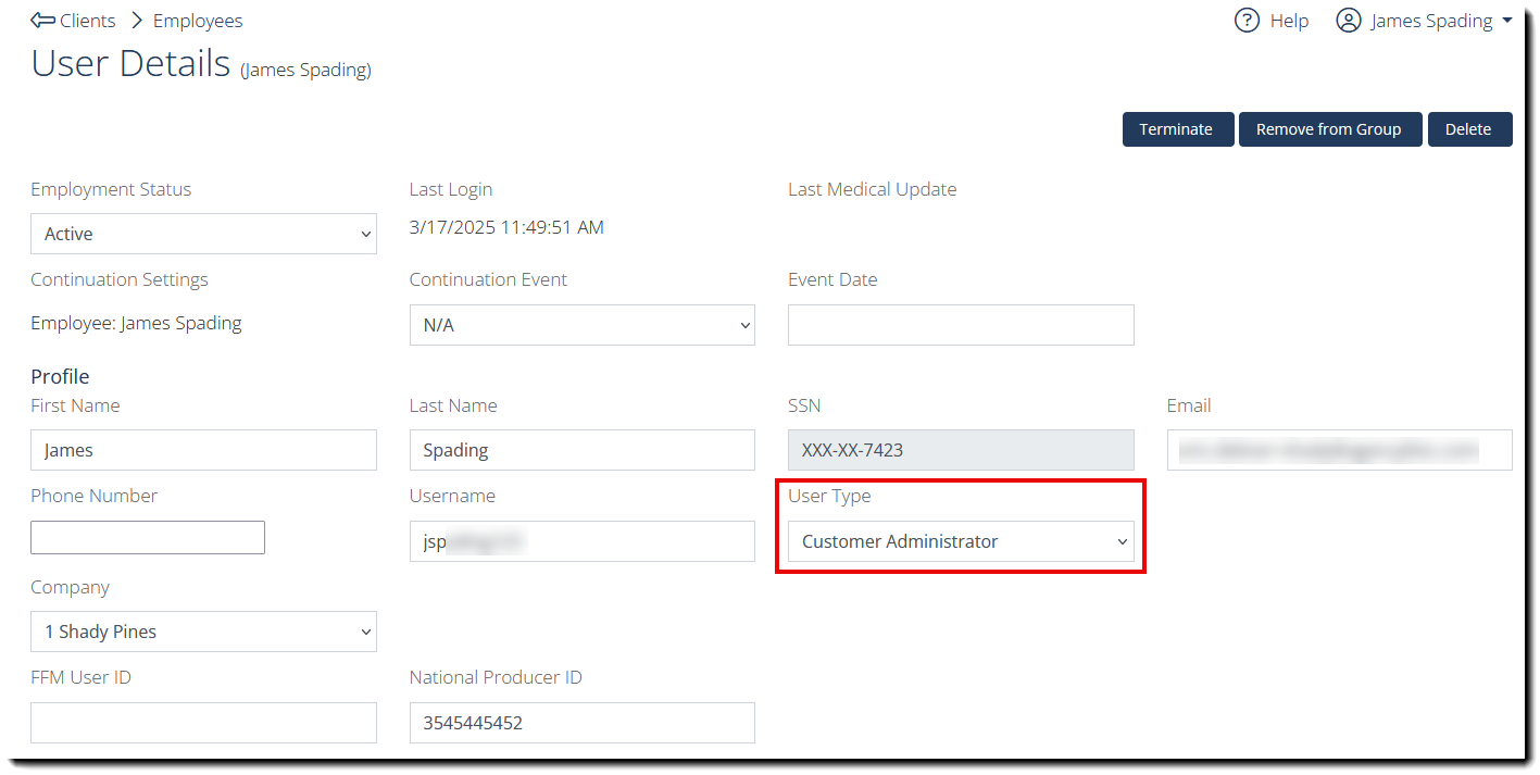 Screenshot highlighting the Customer Administrator User Type in User Details
