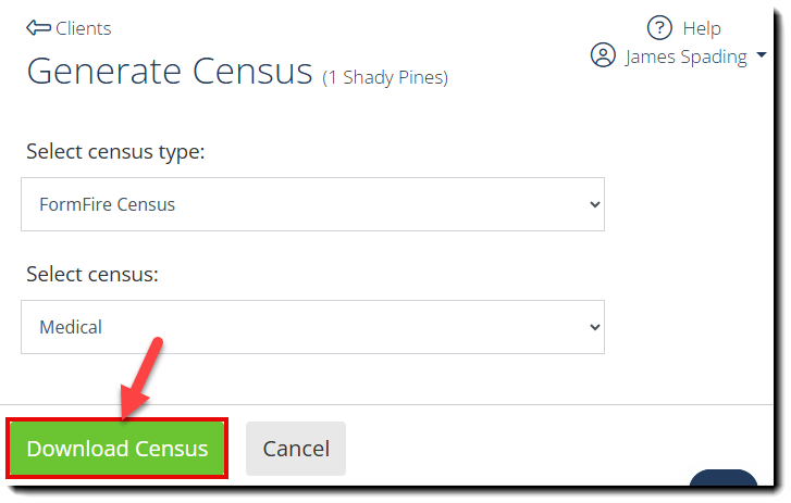 Screenshot highlighting the Download Census button for a Medical census on the Generate Census page