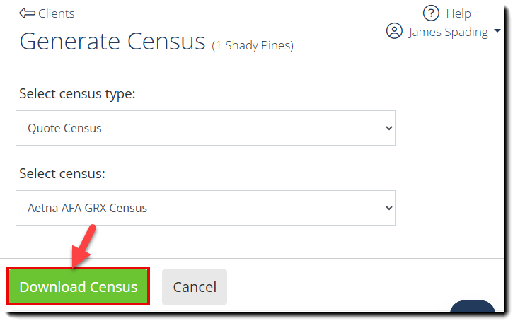 Screenshot highlighting the Download Census button for a Quote census on the Generate Census page