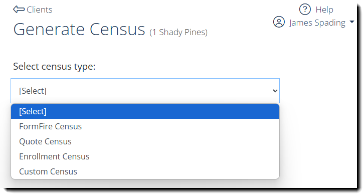 Screenshot showing the list of available censuses to download on the Generate Census page