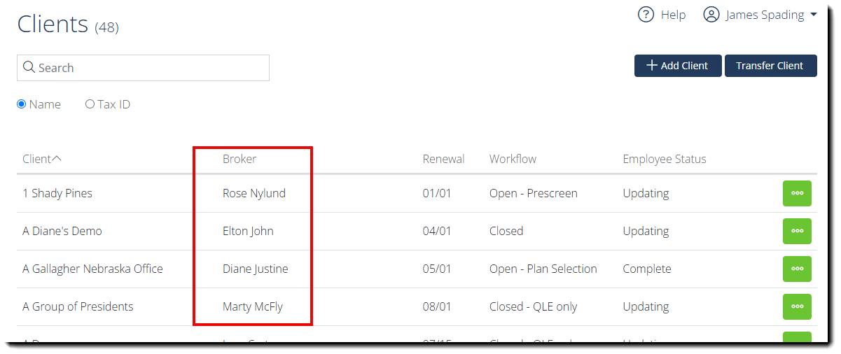 Screenshot highlighting the Brokers column on the Client Dashboard
