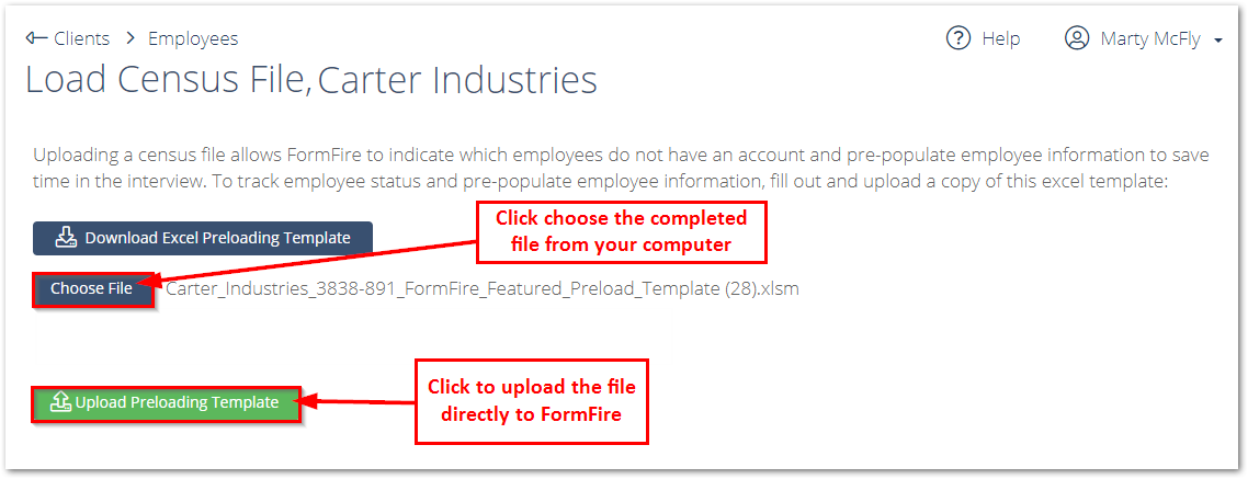 Screenshot showing how to upload a Preloading Template file