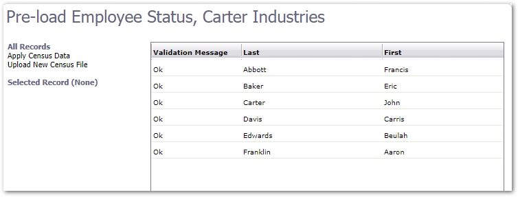 Screenshot showing a screen to review imported Employees from the Preloading Template file