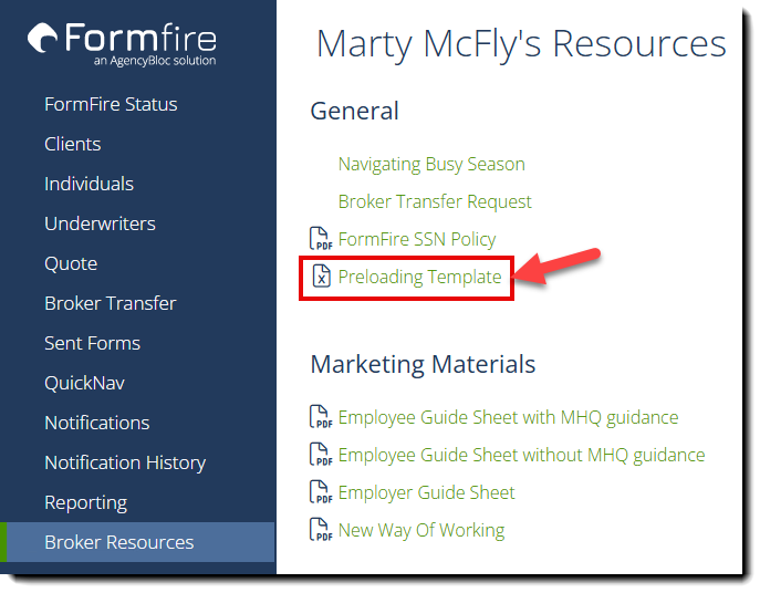 Screenshot highlighting the Preloading Template on the Broker Resources page
