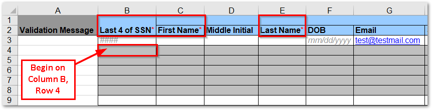 Screenshot highlighting the required data columns in the Preloading Template Excel file