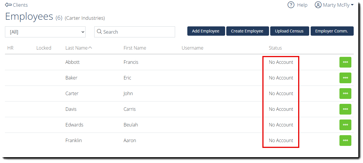 Screenshot highlighting the No Account status of imported Employees from the Preloading Template file