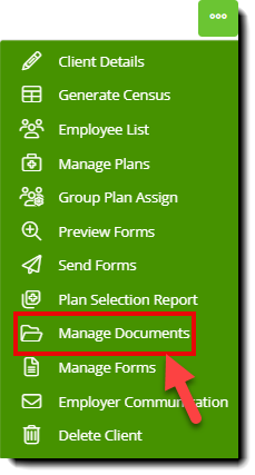Screenshot highlighting the Manage Documents option in a context menu on the Client Dashboard