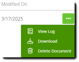 Screenshot showing a context menu for a document request with options to View Log, Download, or Delete Document