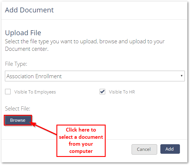 Screenshot showing how to browse your computer for a file to upload to the Document Center
