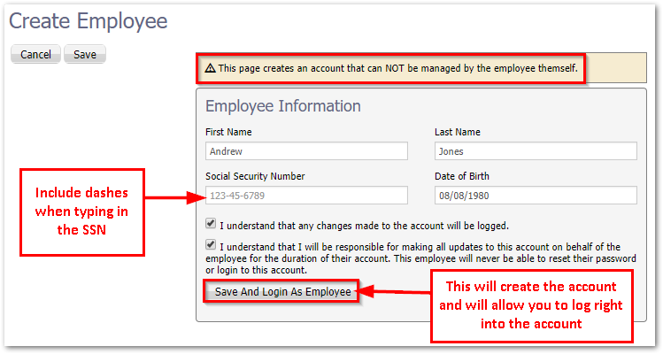 Screenshot showing the Create Employee page