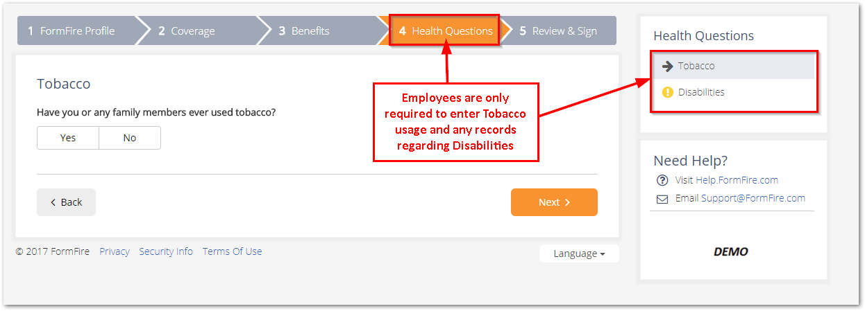 Screenshot showing the Health Questions section in the Employee Interview