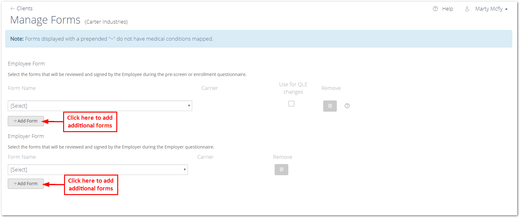 Screenshot showing how to add a form on the Manage Forms page