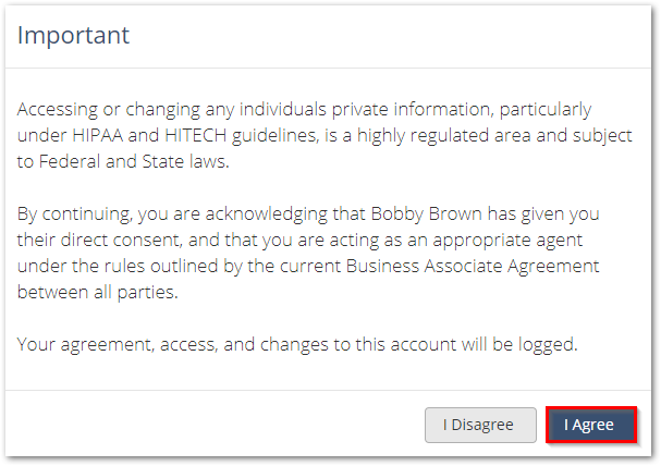 Screenshot showing a disclosure that the Broker must accept before being allowed to login as the selected user