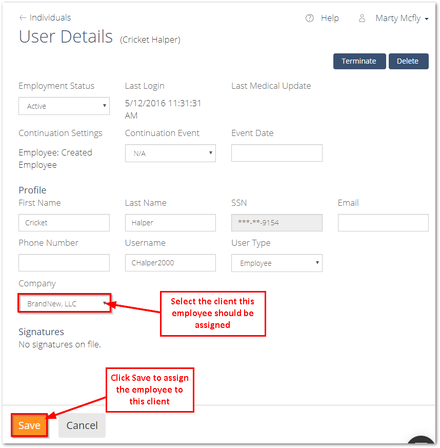 Screenshot shoiwng how to save changes to User Details