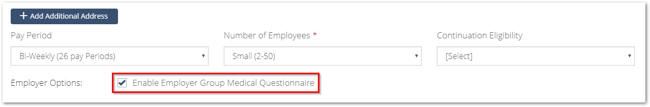 Screenshot showing the Enable Employer Group Medical Questionnaire option in Client Details
