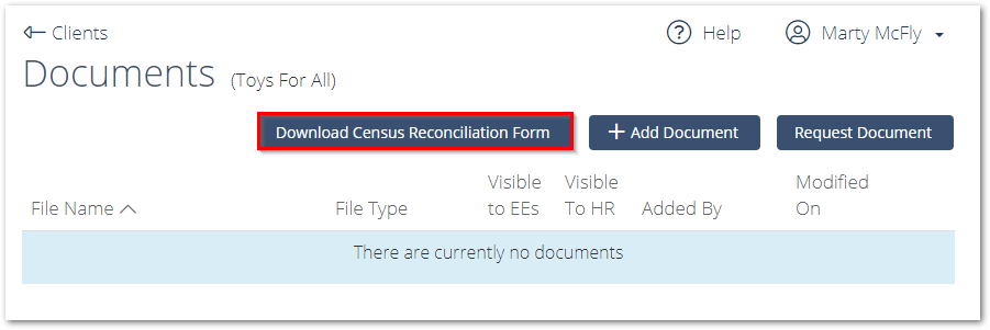 Screenshot highlighting the Download Census Reconciliation Form button in the Document Center