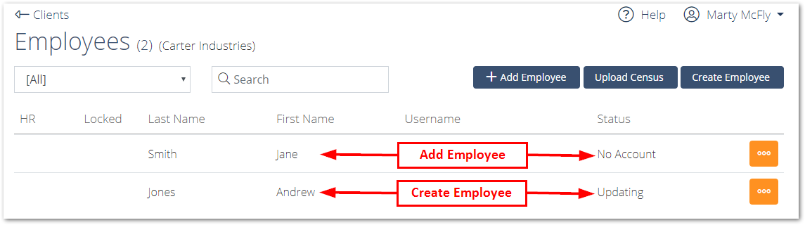 Image highlighting the difference between an Employee that was added compared to one that was created
