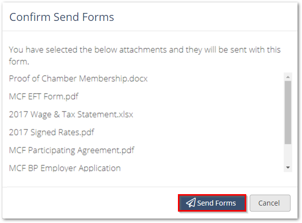 Screenshot showing a confirmation message before sending the forms