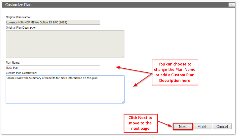 Screenshot showing how to customize a plan