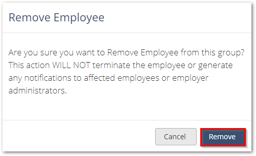 Screenshot showing a confirmatoin message that displays when you attempt to remove an Employee on the Administer User page