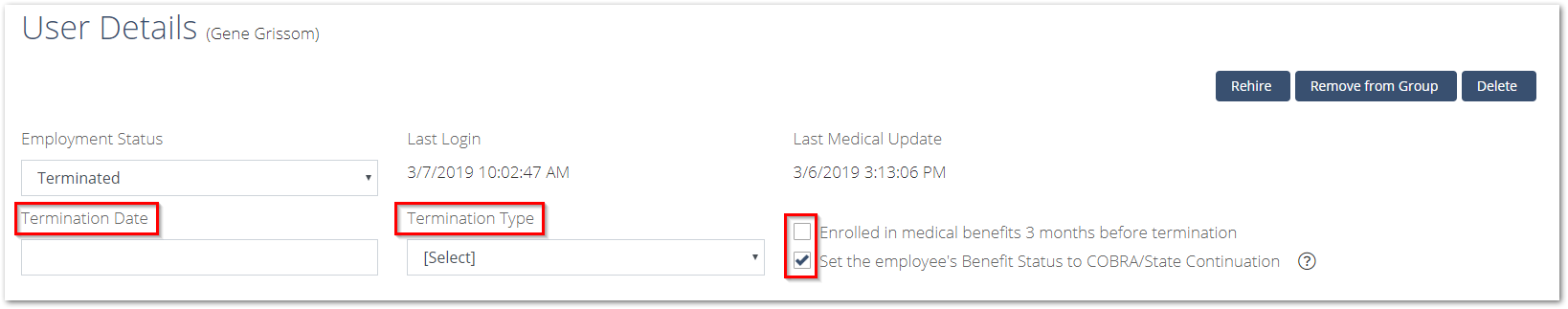 Screenshot highlighting the Termination Date, Termination Type, and Employee Benefit Status fields on the Administer User page