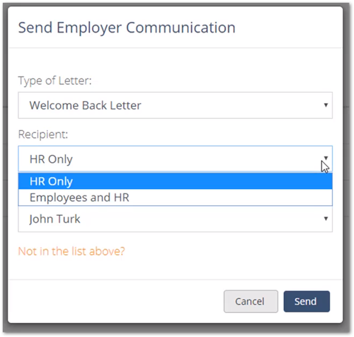 Screenshot highlighting HR Only for the recipient in the Send Employer Communication pop-up