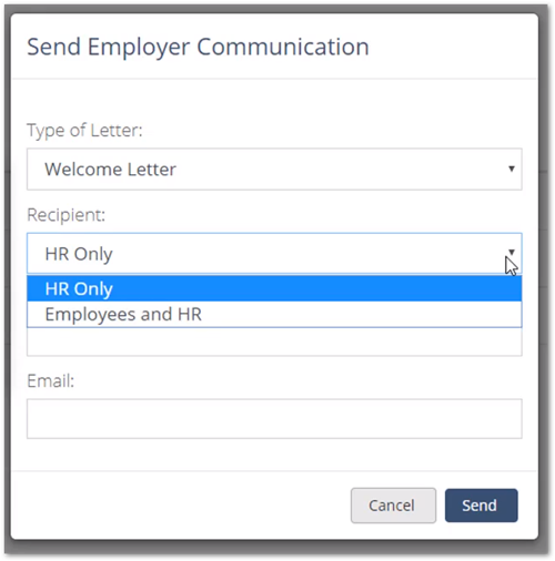 Screenshot highlighting HR Only for recipient in the Send Employer Communication pop-up