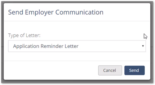 Screenshot highlighting the Application Reminder Letter in the Send Employer Communication pop-up
